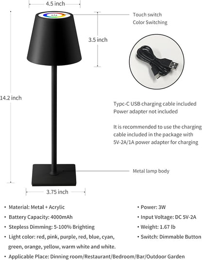 KDG 2 Pack Cordless Table Lamp, RGB Color Stepless Dimming Up, 4000mAh Battery Operated Portable LED Desk Lamp, for Dinning Room, Bedroom, Bar, Outdoor Garden, Camping, Night Light (Black)