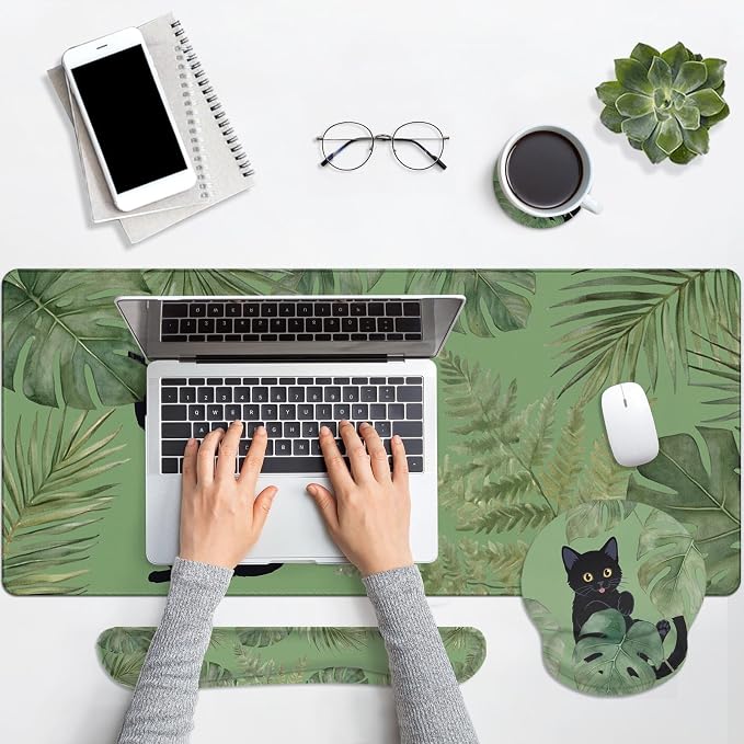 Britimes Sage Olive Green Leaves Keyboard Mouse Pad Set Funny Cute Cat 4in1 Large Mousepad+Keyboard Wrist Rest+Mouse Wrist Rest+Coaster Ergonomic Design for Home Office Computer 35.4x15.7 inches