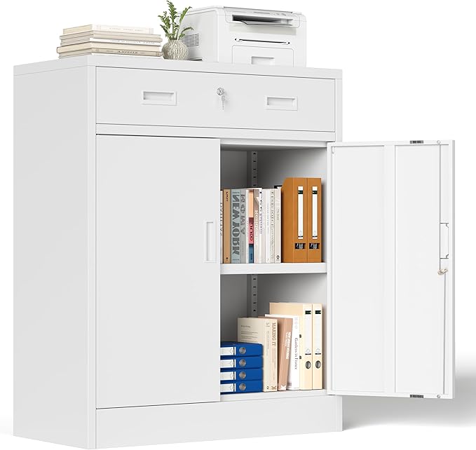 36" H Metal Cabinet, Garage Storage Cabinet, Locking Storage Cabinet, Metal Cabinets with Doors and Shelves for Home, School, Office, Garage, White