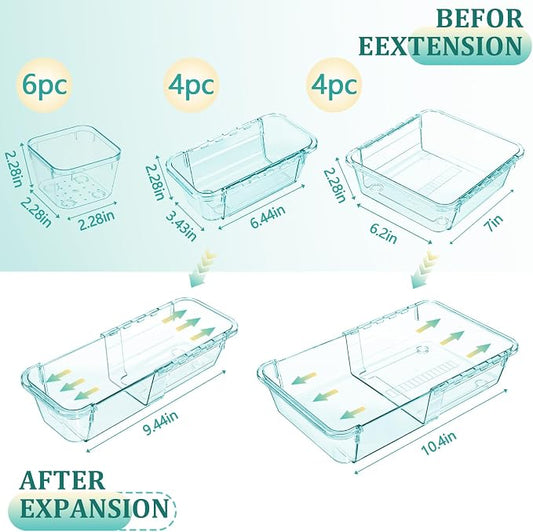 14 Pcs Adjustable Clear Drawer Organizer, Extendable Vanity Storage Bins, Desk Drawer Organizer Set for Makeup, Cosmetics, Bedroom, and Gadgets, Blue