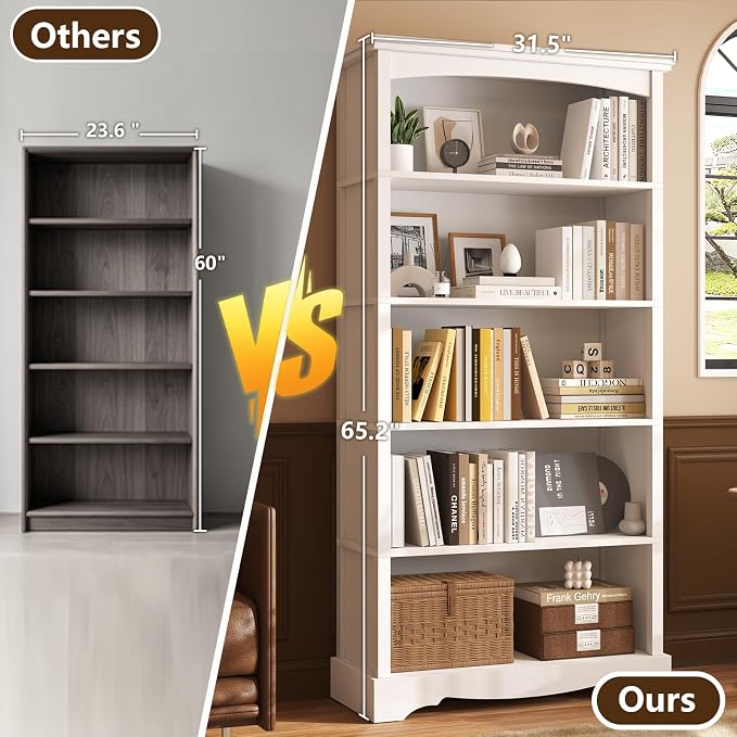 TVU 5-Tier Wooden Bookshelf, 31.5" W x 65" H ×9.9" D Bookshelf with Storage, Floor Standing Modern Style Display Bookcase for Living Room, Office, Study Room, Entryway, White