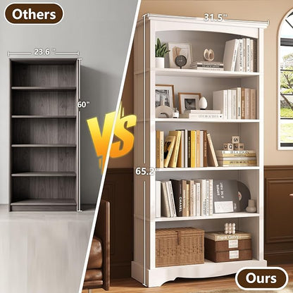 TVU 5-Tier Wooden Bookshelf, 31.5" W x 65" H ×9.9" D Bookshelf with Storage, Floor Standing Modern Style Display Bookcase for Living Room, Office, Study Room, Entryway, White