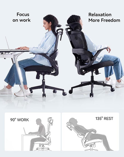 SIHOO B100 SE Office Chair, Soft Memory Foam Desk Chair with Adaptive Lumbar Support & 2D Flip-up Armrests, 135° tilt Computer Chair for Home Office, Black