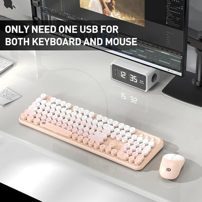 Wireless Keyboards Mouse Combos, Colorful Cute Typewriter Full-Size Retro Round Keycaps, 2.4GHz Cordless Sleep Mode Office Quiet Wireless Keyboard and Mouse Set for Desktop Laptop PC Computer