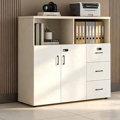 File Cabinet with Password Lock, Wood Lateral Filing Cabinet for Letter/A4 Files, 3 Drawer with Door, Printer Stand with Open Shelves for Home Office