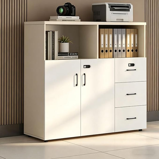 File Cabinet with Password Lock, Wood Lateral Filing Cabinet for Letter/A4 Files, 3 Drawer with Door, Printer Stand with Open Shelves for Home Office