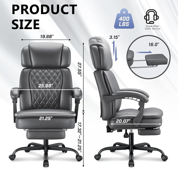 400lbs Executive Office Chair with Foot Rest for Heavy People, Ergonomic Big and Tall Desk Chair with Adjustable Headrest, High Back PU Leather Comfy Heavy Duty Computer Chair with Spring Cushion