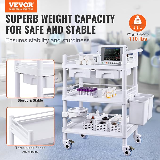 VEVOR Medical Mobile Trolley Cart with 2 Drawers & 3 Trash Cans, 3 Tiers Beauty Salon Rolling Trolley with 4 Silent Wheels & 2 Dirts Bucket & Bowl, Medical Utility Cart for Hospital Dental Clinic Lab