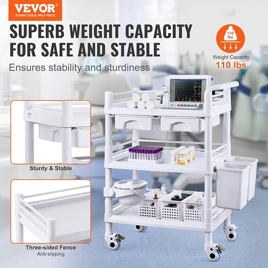 VEVOR Medical Mobile Trolley Cart with 2 Drawers & 3 Trash Cans, 3 Tiers Beauty Salon Rolling Trolley with 4 Silent Wheels & 2 Dirts Bucket & Bowl, Medical Utility Cart for Hospital Dental Clinic Lab