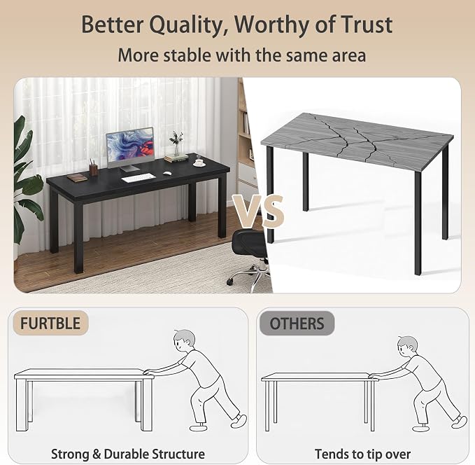 55 Inch Computer Desk, Modern Table with Thick Tabletop, Small Gaming Desk with Adjustable Feet, Study Writing Table for Home Office Work, Black