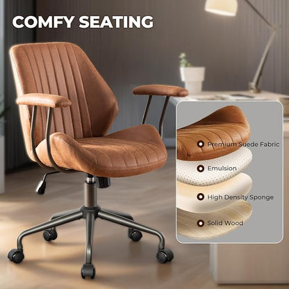 Home Office Chair,Ergonomic Computer Chair with Lumbar Support Adjustable Height,Mid-Century Modern Office Chair with Rolling Swivel Chair for Home Office Game Study(Suede Mid Back Chair,Light Brown)