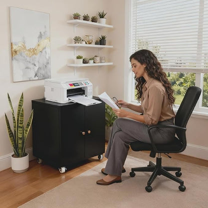 23.62" H Printer Stand with Storage Cabinet,Rolling Printer Cart with Wheels, Mobile Printer Stand, Adjustable Printer Table Organizer for Office and Home, Black