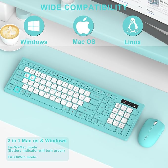 Wireless Keyboard and Mouse Combo, Full-Sized Quiet Wireless Keyboard and Adjustable DPI Mouse, 2.4GHz USB Receiver, Keyboard and Mouse for PC, Windows, Desktop, Laptop (Tiffany Blue and White-B)