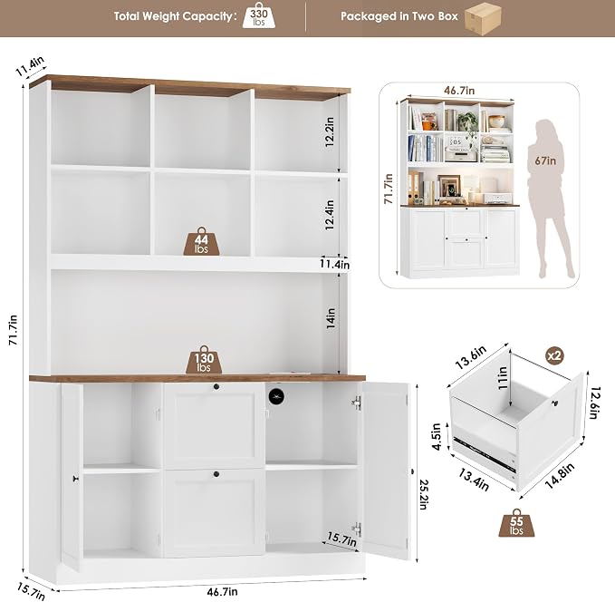 HIFIT 72'' Tall File Bookcase with Power Outlet & Printer Stand, 2 Drawer Filing Cabinets for Home Office Fit Hanging A4 File, Storage Cabinet w/ 3 Tier Open Book Shelf & Doors for Living Room, White