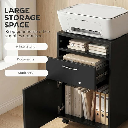 HOMCOM Mobile Storage Cabinet Organizer with Drawer and Cabinet, Printer Stand with Castors, Black