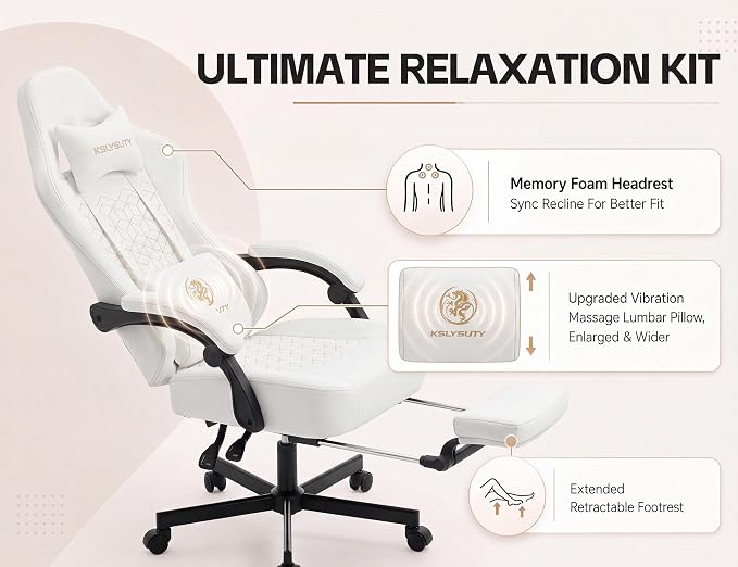 Office Desk Computer Gaming Chair for Adults, Ergonomic High Back Gamer Chair with Massage and Pocket Spring Cushion, Swivel Comfy Video Game Chairs with Footrest and Lumbar Supporrt (Pro White)