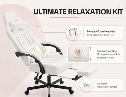 Office Desk Computer Gaming Chair for Adults, Ergonomic High Back Gamer Chair with Massage and Pocket Spring Cushion, Swivel Comfy Video Game Chairs with Footrest and Lumbar Supporrt (Pro White)