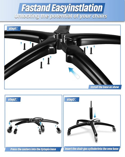Sytopia 28'' (70 cm) Heavy-Duty Office Chair Base Replacement (2600 lbs), Reinforced Metal Base for Managerial & Executive Chairs, Universal Caster and Gas Cylinder Size, Black