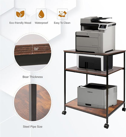 EMERIT 3-Tier Printer Stand for Laser/Inkjet/All-in-One - 23.6x18.9x31.5 Heavy Duty Cart w/Adjustable Shelves & Lockable Wheels, Storage for Scanner/Fax/Supplies - Industrial Home & Office