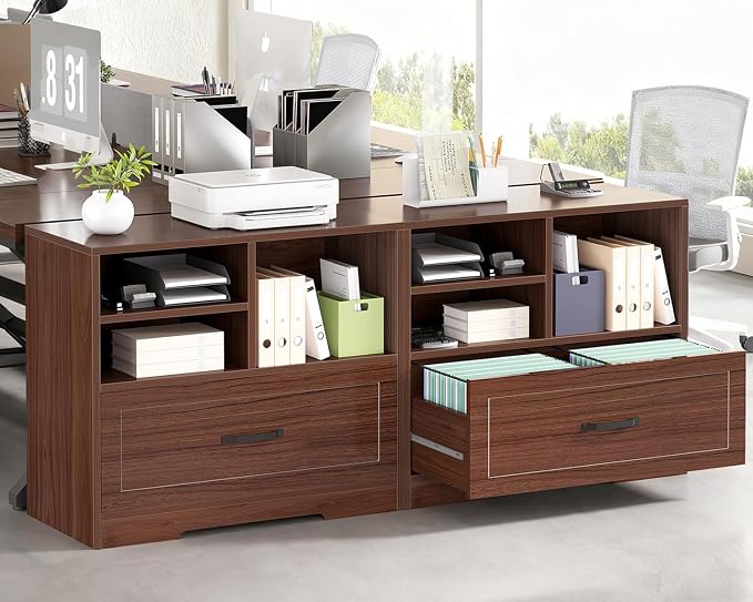 LVB Wood Lateral Filing Cabinet with Drawer, Farmhouse File Cabinet Printer Stand with Storage Shelves, Printer Cabinet Fits A4 Letter Legal Size with Hanging File Folder for Home Office, 32.7" Walnut