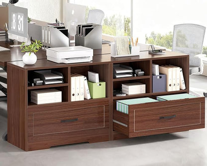 LVB Wood Lateral Filing Cabinet with Drawer, Farmhouse File Cabinet Printer Stand with Storage Shelves, Printer Cabinet Fits A4 Letter Legal Size with Hanging File Folder for Home Office, 32.7" Walnut
