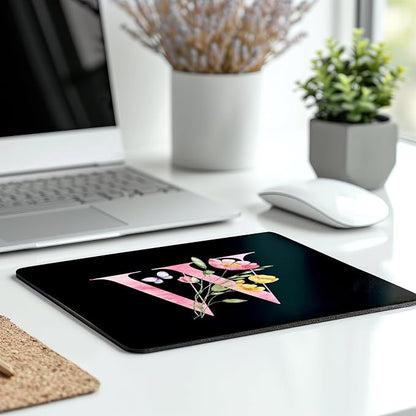 Mouse Pad Pinks Flowers Initial Letters Mousepad Desktop Laptop Computer Accessories Home Office Gaming Work Desk Computer Non-Slip Rubber Monogram Floral Alphabet A-Z mousepad (W)