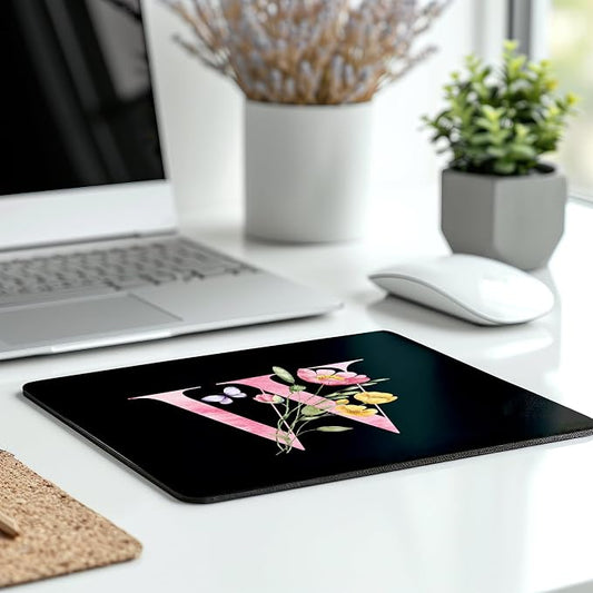 Mouse Pad Pinks Flowers Initial Letters Mousepad Desktop Laptop Computer Accessories Home Office Gaming Work Desk Computer Non-Slip Rubber Monogram Floral Alphabet A-Z mousepad (W)