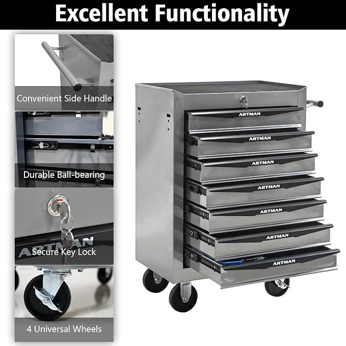 RYH 7 Drawers Rolling Tool Chest & Tool Box on Wheels | Heavy Duty Metal Cart with Ball Bearing Drawers | Fits US General Tool Box for Garage Storage (Silver, 7 Drawers（30.5" H × 20.9" W × 13" D)