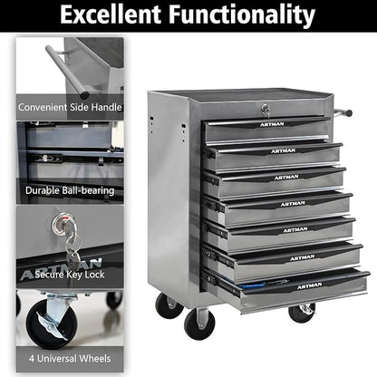 RYH 7 Drawers Rolling Tool Chest & Tool Box on Wheels | Heavy Duty Metal Cart with Ball Bearing Drawers | Fits US General Tool Box for Garage Storage (Silver, 7 Drawers（30.5" H × 20.9" W × 13" D)