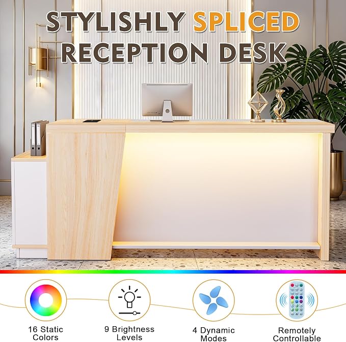 L-Shaped Executive Desk with LED Lights, Modern Reception Desk with AC Power Outlets/USB/Type-C, Executive Workstation with Locked Storage Cabinet, for Office (Wood/Beige, 51.18"L/29.92"W/29.73"H")