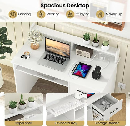 GOFLAME White Computer Desk with Charging Station, Type C Port, Modern Writing Desk with Drawer, Removable & Adjustable Shelf, Keyboard Tray, Home Office Laptop Desk with Hutch, for Bedroom, Study