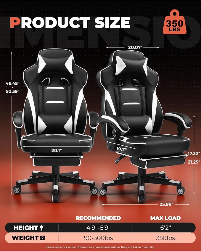 GTPLAYER Gaming Chair with Footrest, Big and Tall Game Chair 350lb Racing Style Computer Chair, Ergonomic Executive Office Chair High Back with Lumbar Support and Recliner, White