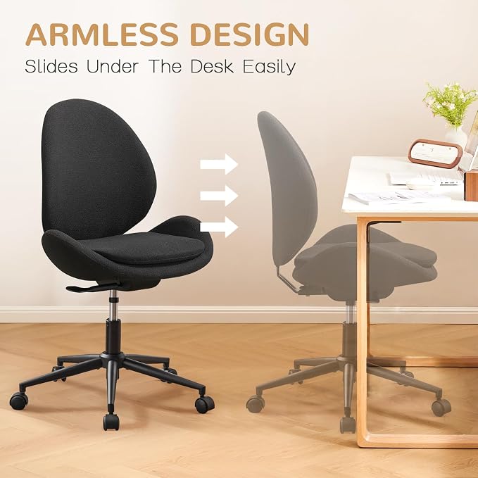Furniliving Velvet Vanity Chair with Wheels, Adjustable Height Swivel Desk Chair& Lumbar Support, Armless Upholstered Makeup Chair for Bedroom Home Office Study Room (Black)