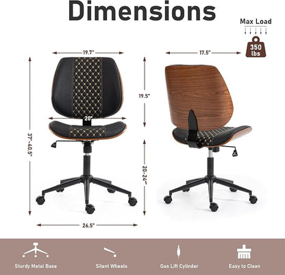Modern Walnut Home Office Chair with Wheels, Executive Office Desk Chair No Arms, Adjustable Height Small Desk Chair, Comfy PU, Deeper Cushion, Mid Back 360 Swivel Computer Chair, Black-Embroidery