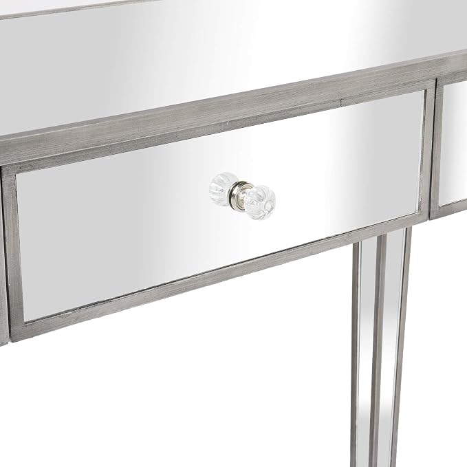 Henf Mirrored Console Table, Modern Makeup Vanity Desk Dressing Table with 3 Drawers, Contemporary Vanity Sofa Side Table Occasional Entry Table for Entryway/Living Room/Bedroom, Antique Silver