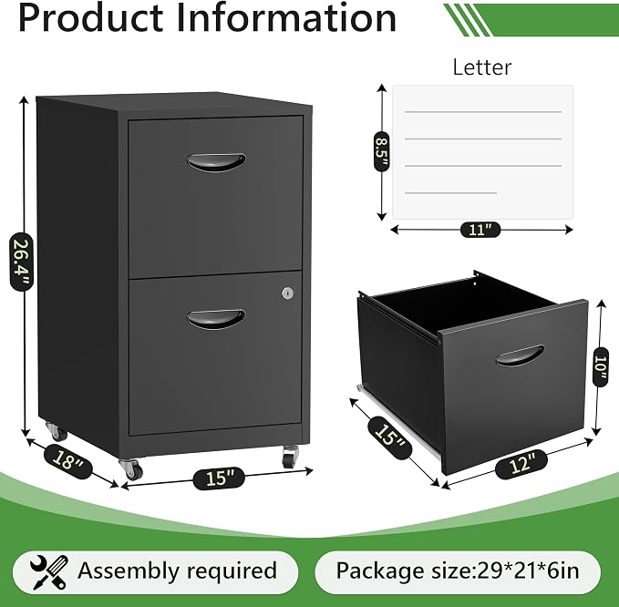 2 Drawer Rolling File Cabinet with Lock,Filing Cabinets for Home Office,Two Drawer File Cabinet, Mobile Under Desk File Cabinets, Printer Stand with Wheels Fit Letter/A4,Assembly Required