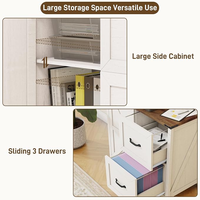 Halitaa Lateral File Cabinet with 2 Drawers, Farmhouse File Cabinet for Letter/A4 Size Hanging Files, Large Wood File Storage Cabinets Printer Stand for Home Office Furniture, Rustic White