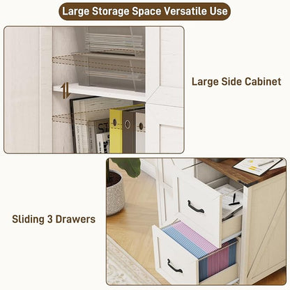 Halitaa Lateral File Cabinet with 2 Drawers, Farmhouse File Cabinet for Letter/A4 Size Hanging Files, Large Wood File Storage Cabinets Printer Stand for Home Office Furniture, Rustic White