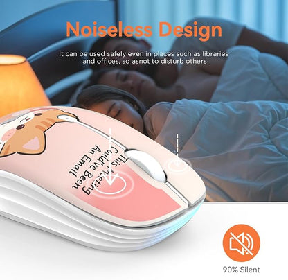 FMOUSE Cute Wireless Mouse, Bluetooth 2.4GHz Dual Mode with USB Receiver, Silent Click, AA Battery Powered, for Office Women Work Desk, Compatible with Laptop Mac iPad PC (Workaholic Cat)