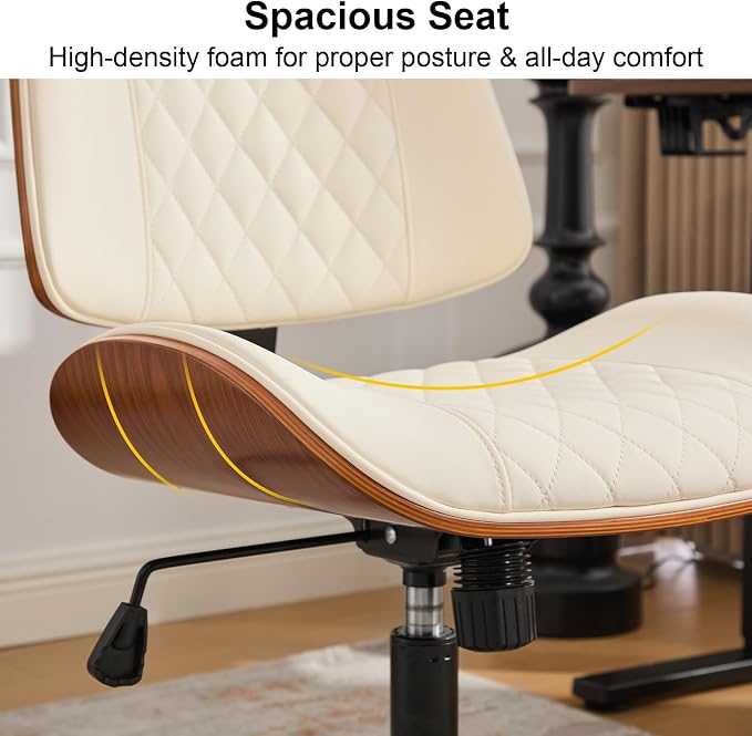 Armless Office Chair with Wheels, Ergonomic Leather Chair, Mid Back 360 Swivel Computer Chair, Modern Walnut Desk Chair for Small Space, Reading, Meeting Room, Beige