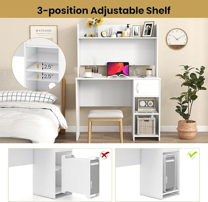 Giantex White Desk with Hutch, Small Computer Desk with Bookshelf & Adjustable Shelf, 2 Cable Holes, Modern Laptop PC Computer Workstation, Study Writing Desk for Small Spaces, Bedroom, Home Office