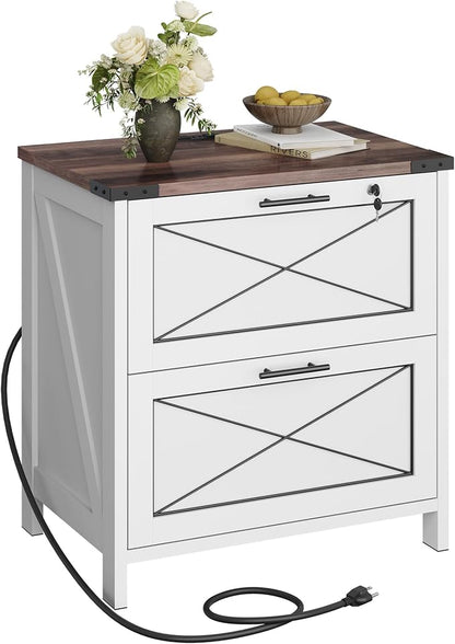 DEVAISE Lateral File Cabinet with Lock, 2 Drawers & Charging Station, Farmhouse Wood Printer Stand with Large Storage, Fits A4/Letter/Legal Hanging Files, White