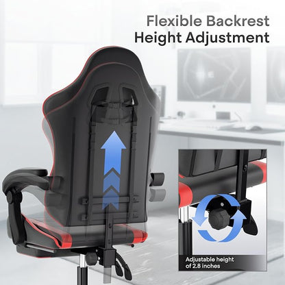 Athena Collection Ergonomic Gaming Chair with Footrest & Headrest Lumbar Support, Height Adjustable Swivel Office Chair Reclining Game Chair Leather High Back Computer Chair for Adults, Red