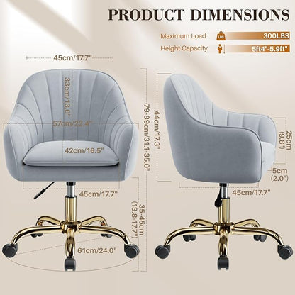 Vanity Chair with Wheels, Comfy Home Office Desk Chairs Adjustable Modern Velvet Makeup Vanity Chairs for Bedroom Living Room-Gray