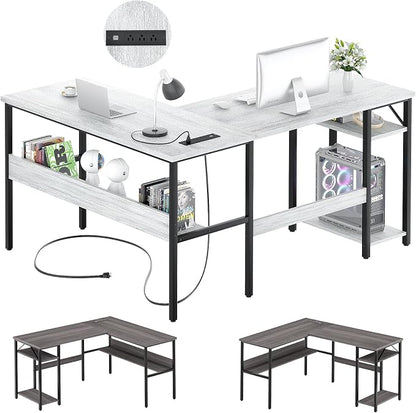 Unikito L Shaped Computer Desk with Magic Power Outlets and USB Charging Ports, Sturdy Reversible Corner Desk with Storage Shelves, Modern Work Desk for Home Office, Easy to Assemble, White Oak