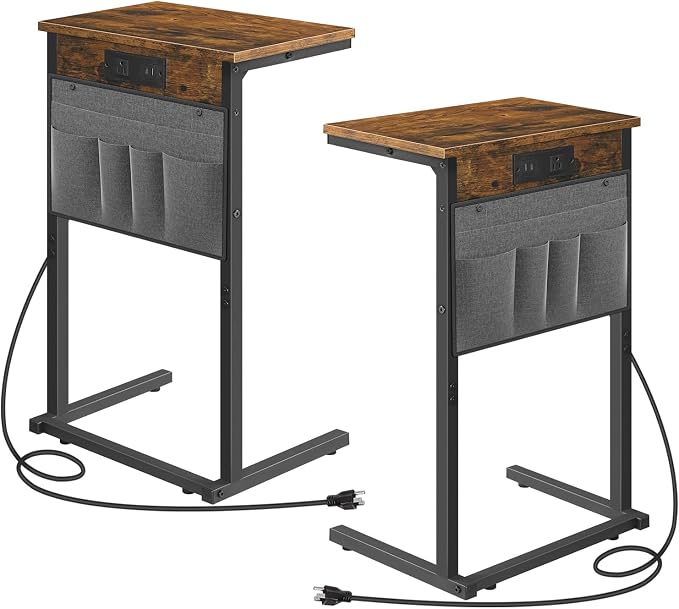 HOOBRO C Shaped End Tables with Charging Station, Set of 2, 28" H Couch Side Tables Slide Under, Sofa Arm Tray Tables with Storage Bag for Living Room, Recliner, Rustic Brown BF70USFP201