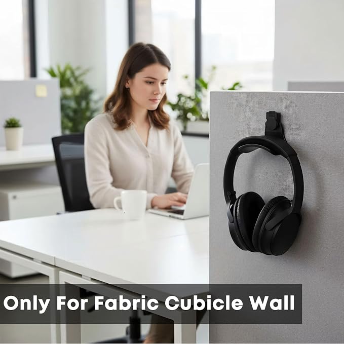 Fabric Wall Headphone Stand for Office, Cubicle Headphone Holder for Work Decor, Space-Saving Hanger Cubicle Accessories for Women Men Desk Organizer, Black (1 Pack)