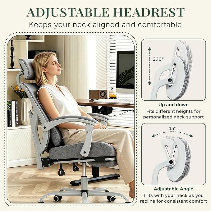 Ergonomic Office Chair with Footrest, High Back Home Desk Computer Chair with Lumbar Support & Headrest, 90-135° Reclining Mesh Back with Wheels for Work, Gaming, Grey