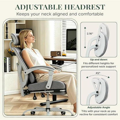 Ergonomic Office Chair with Footrest, High Back Home Desk Computer Chair with Lumbar Support & Headrest, 90-135° Reclining Mesh Back with Wheels for Work, Gaming, Grey
