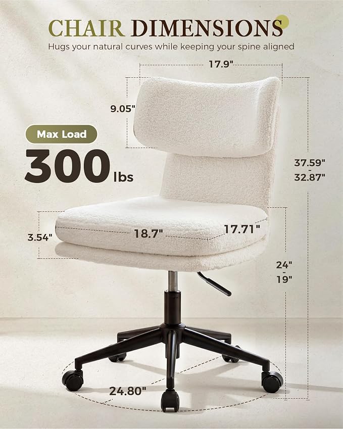 COMHOMA Vanity Chair with Ergonomic Curved Backrest, Home Office Desk Chair with Silent Wheel, Wide Seating Computer Chair for Girls Women Bedroom, Soft Teddy Fabric, White